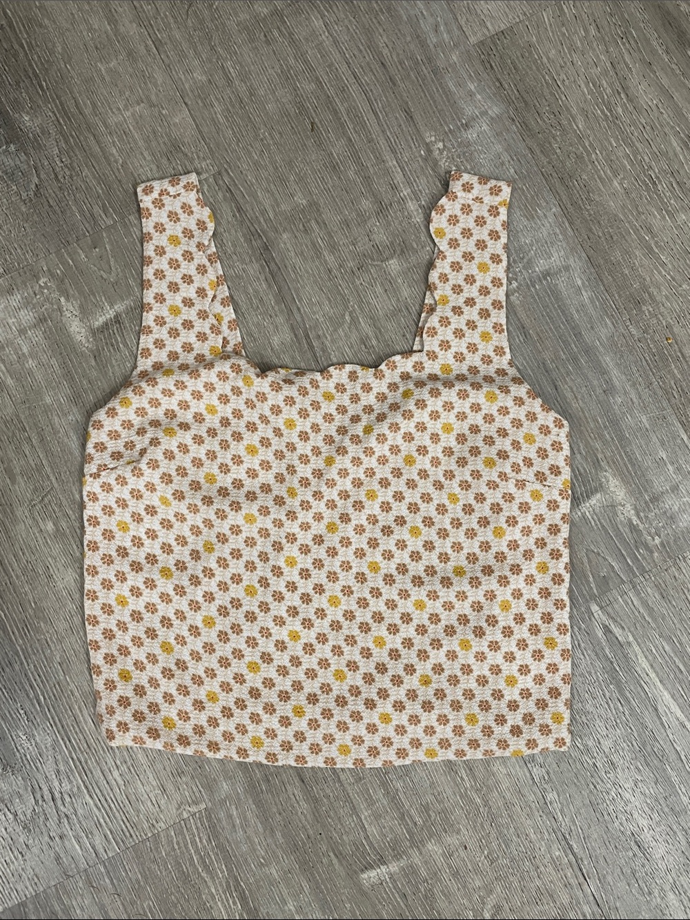 Monteau White Floral Square-Neck Crop Top with Brown & Yellow Accents